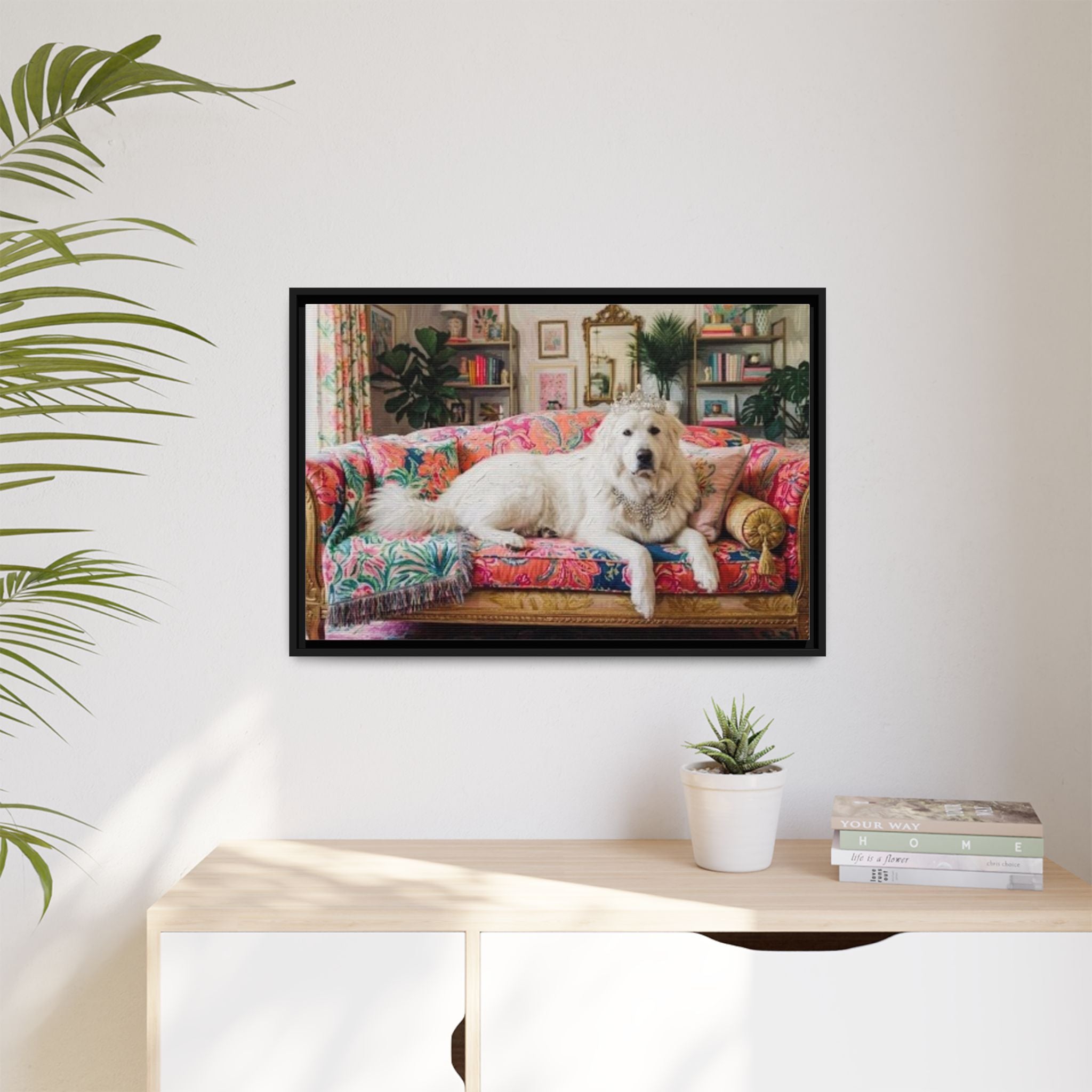 Framed Matte Canvas Regal Great Pyrenees presented in a whimsical lounge