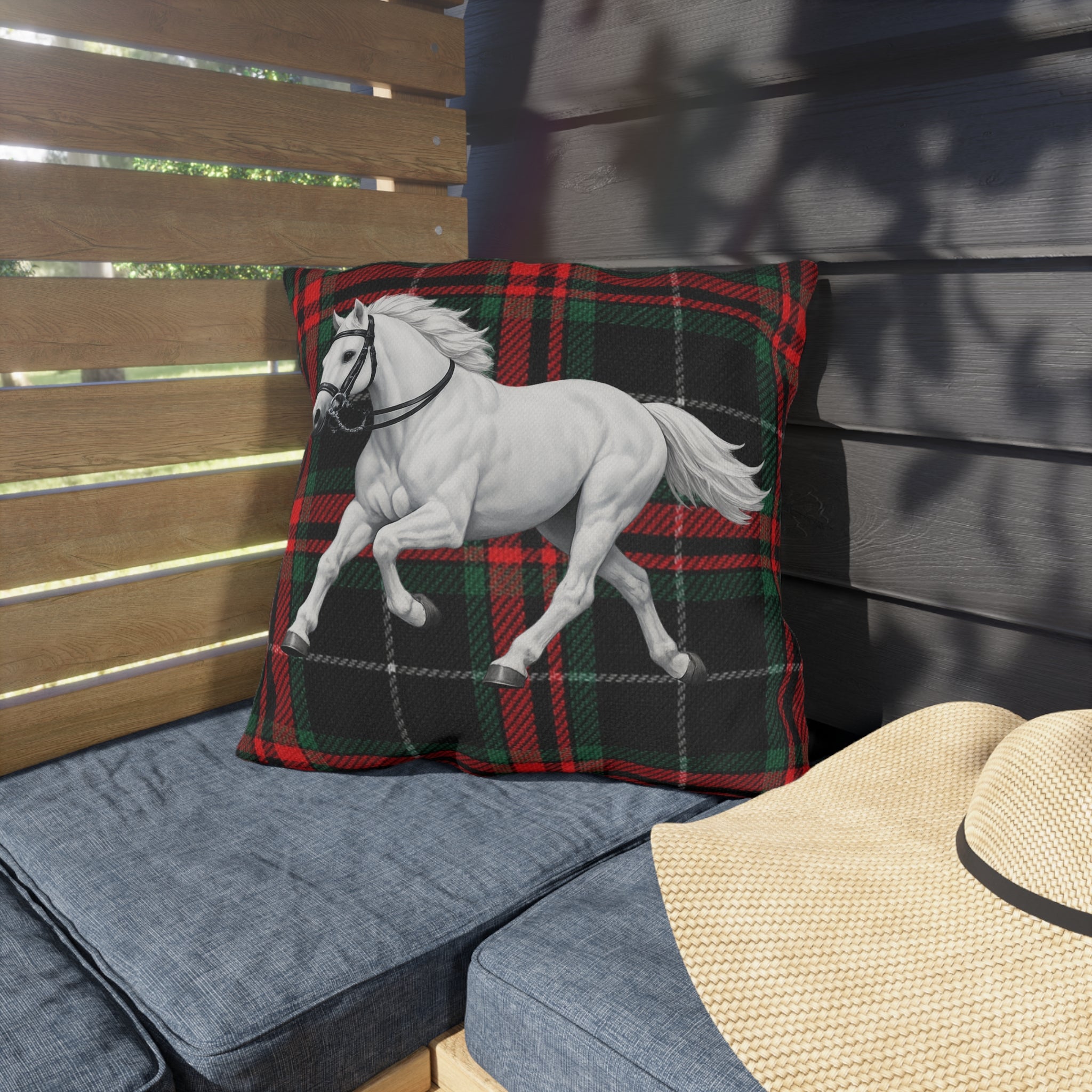 White Horse Plaid Outdoor Pillow  Red and Green Tartan Farmhouse Decor