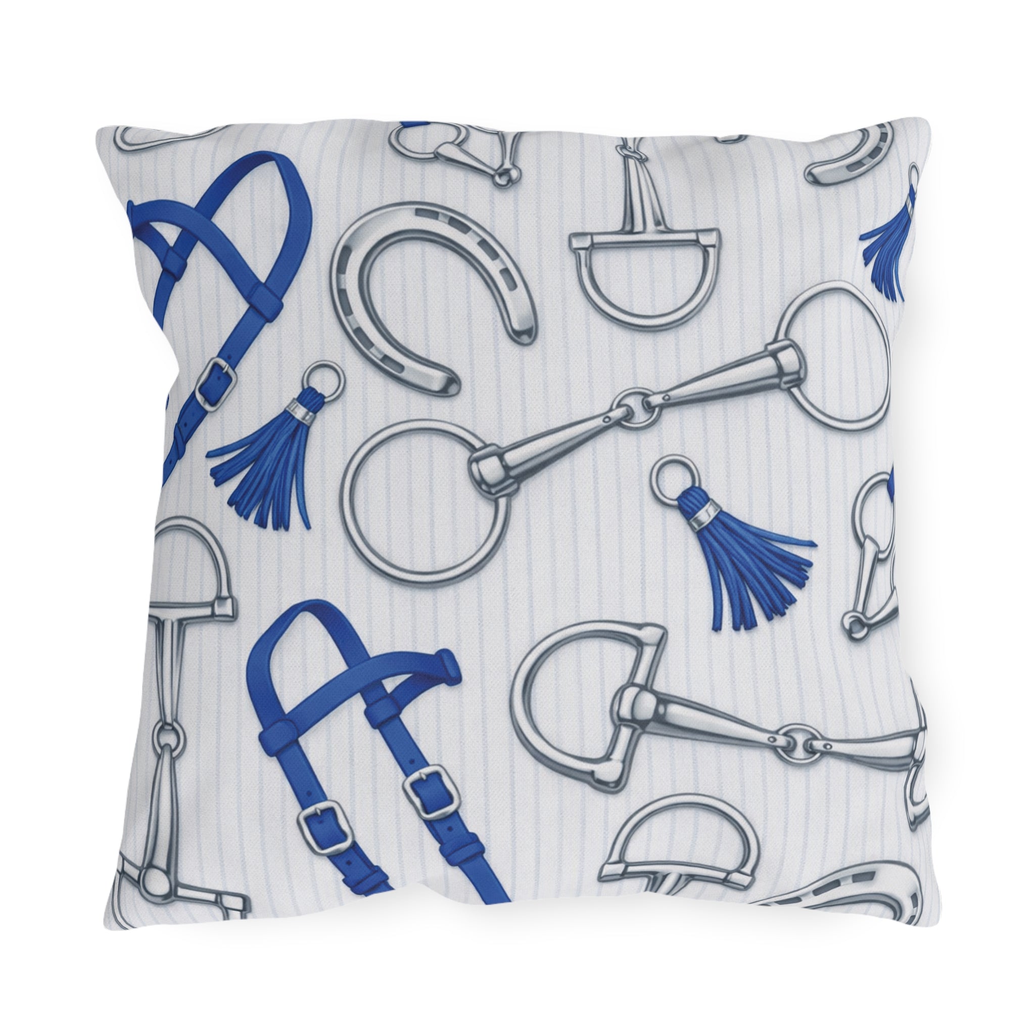 Equestrian Bits and Bridle Outdoor Pillow  Blue Horse Tack Pattern