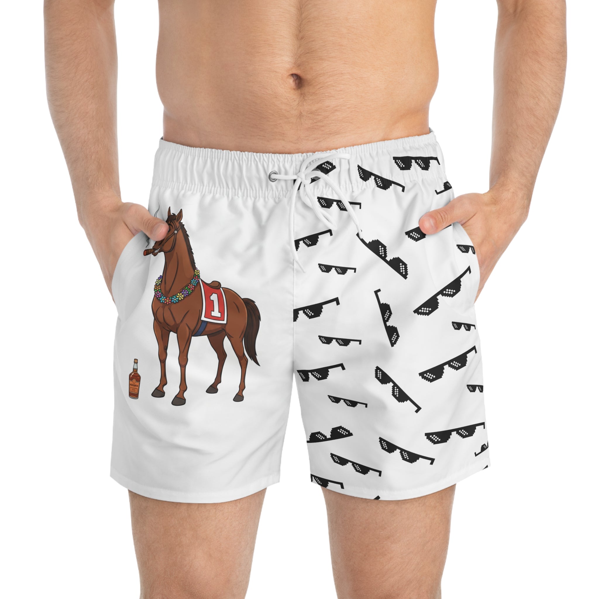 Horse Racing Swim Trunks — Funny Whiskey & Cigarette Jockey Print