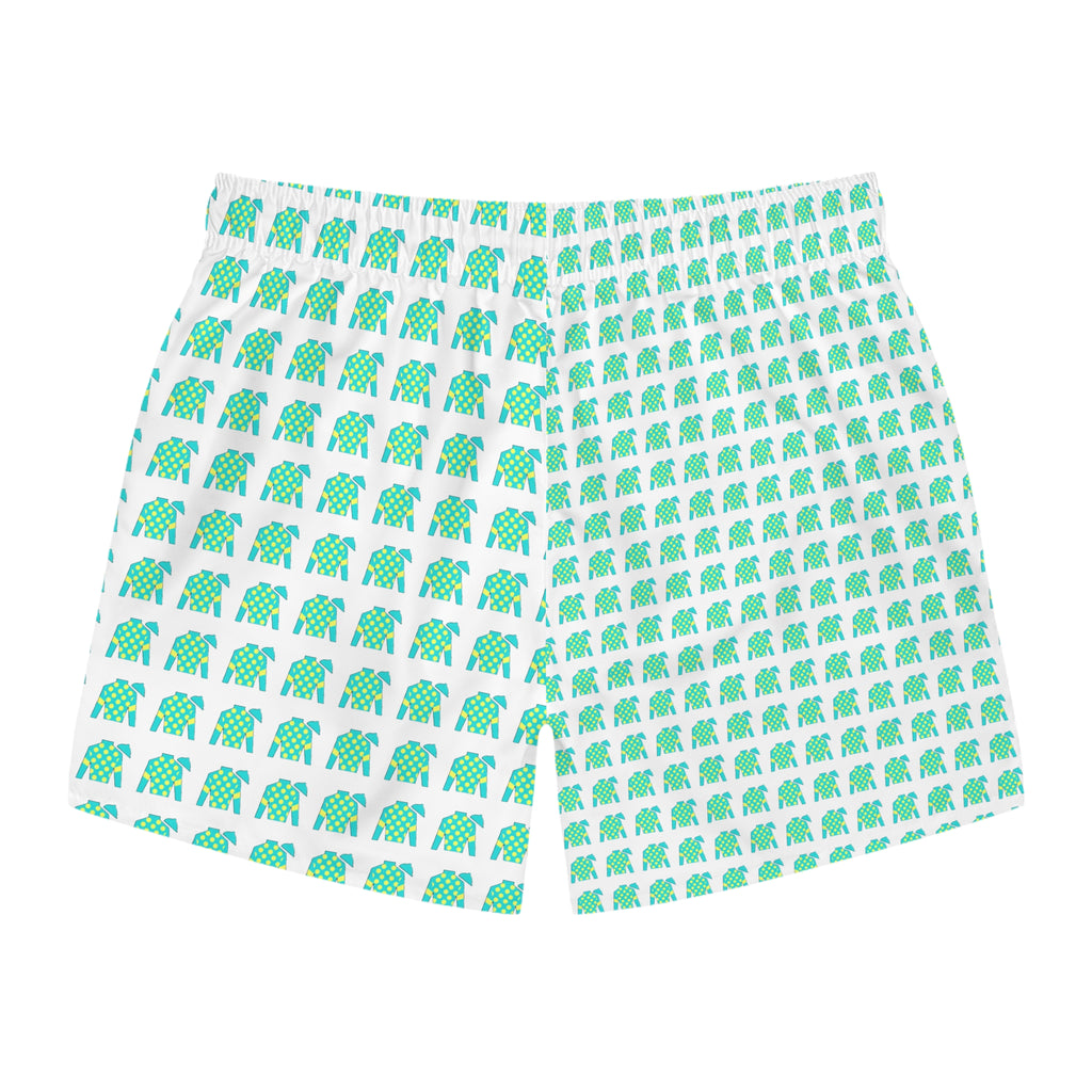 Jockey Silks Pattern Swim Trunks — Tropical All-Over Print Beach Shorts