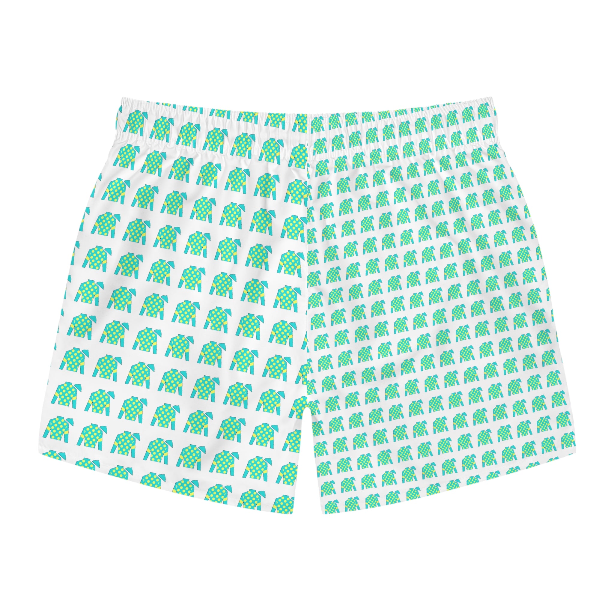 Jockey Silks Pattern Swim Trunks — Tropical All-Over Print Beach Shorts