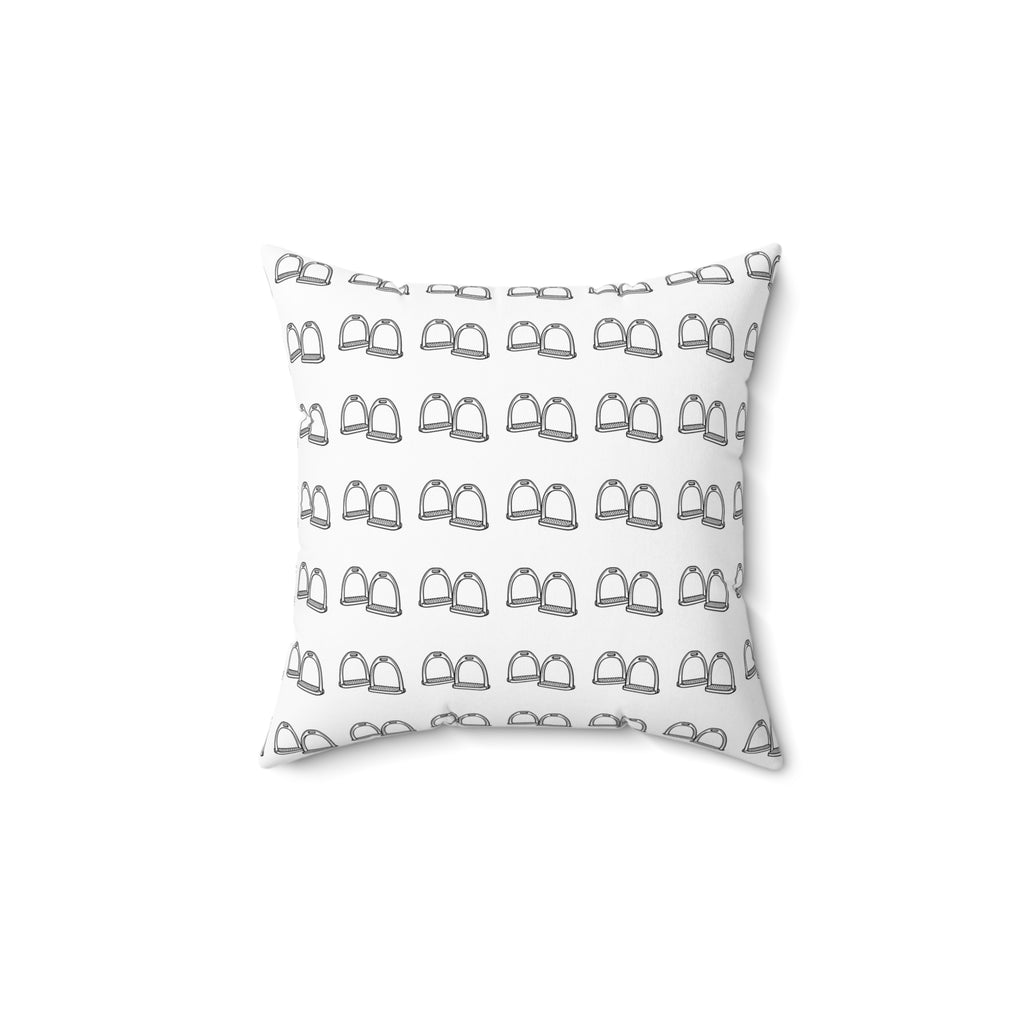 Equestrian Stirrup Pattern Throw Pillow — Black Line Art Saddle Decor