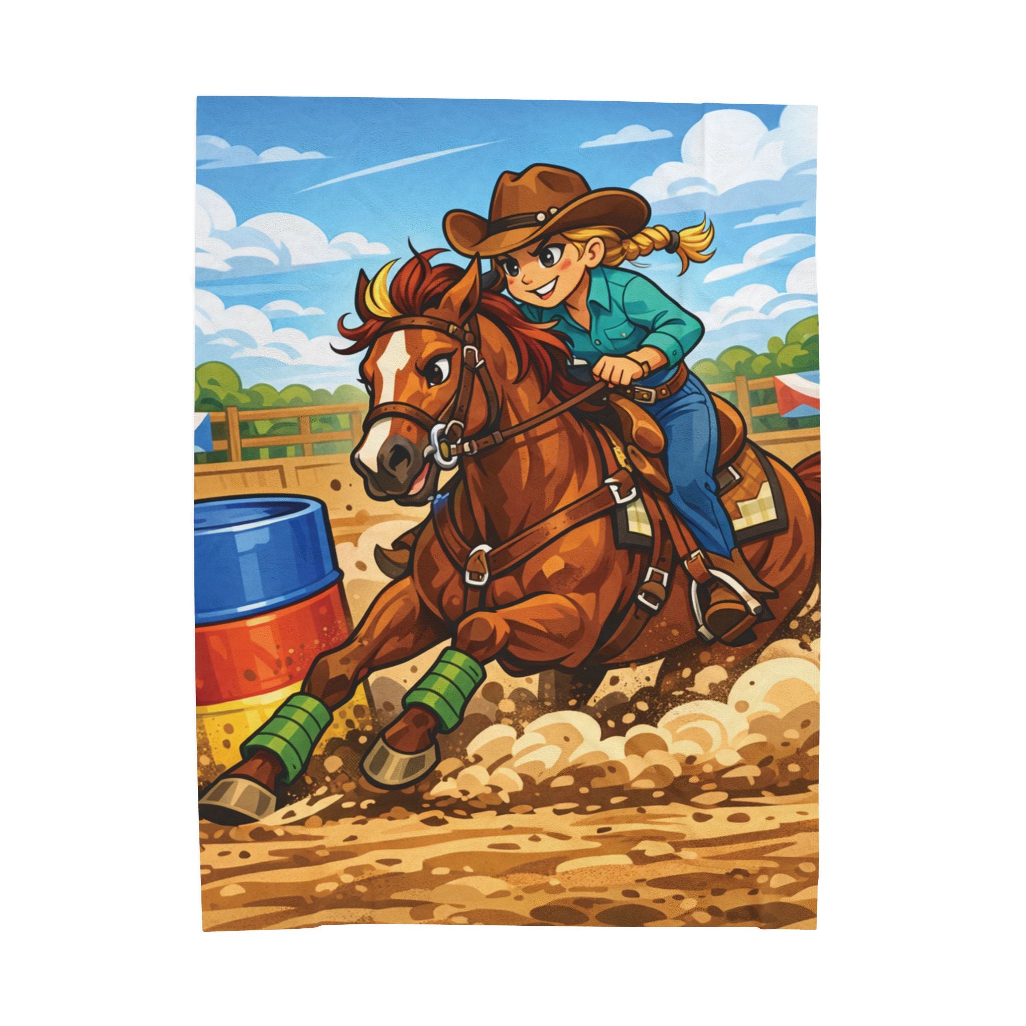 Cartoon Barrel Racing Horse Velveteen Plush Blanket — Rodeo Cow Girl Throw