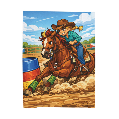 Cartoon Barrel Racing Horse Velveteen Plush Blanket — Rodeo Cow Girl Throw