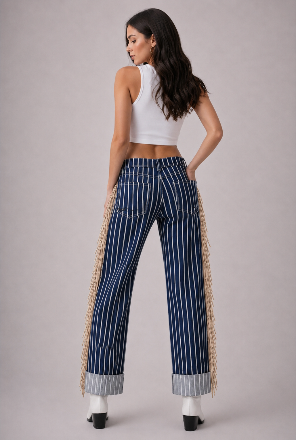 Desert Drifter Striped Wide Leg Cuffed Fringe Denim Jeans