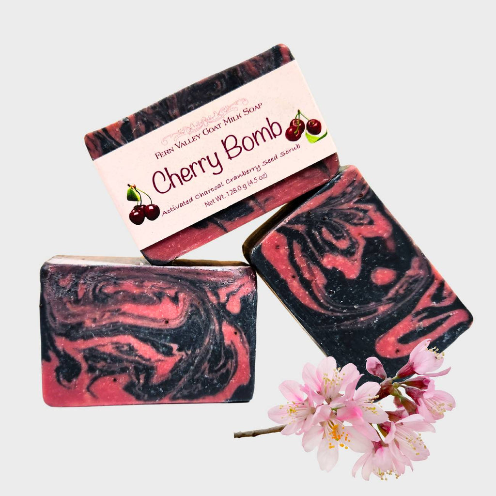 Natural Goat Milk Soap | Charcoal and Cranberry Seed Scrub | Cherry Bomb