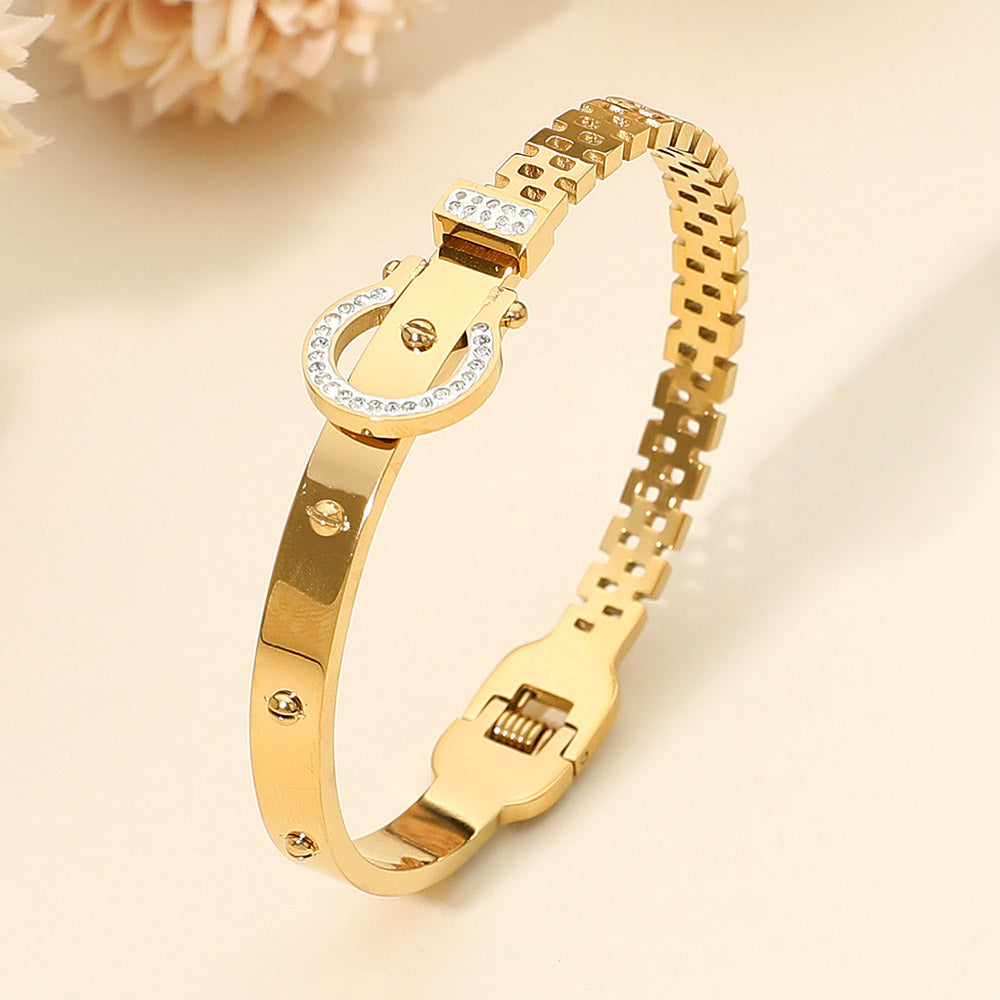 SECRET BOX_Stainless Steel Stone Paved Horseshoe Buckle Accent Hinged Bangle Bracelet