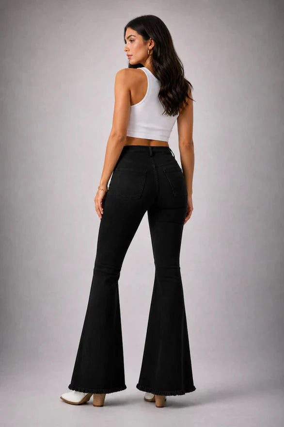 Black Denim Star Rhinestone Bell Bottom Jeans -32” Inseam