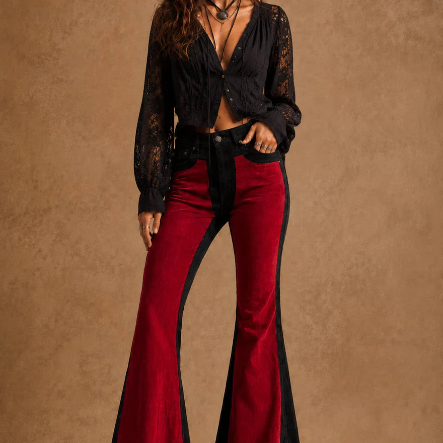 Red Suede Chap Panel Bell Bottom Jeans -32” Inseam