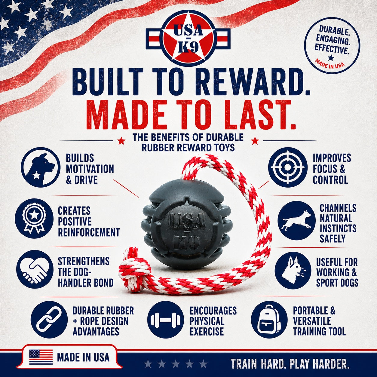 USA-K9 Magnum Stars And Stripes Rubber Dog Toy For Heavy Chewers