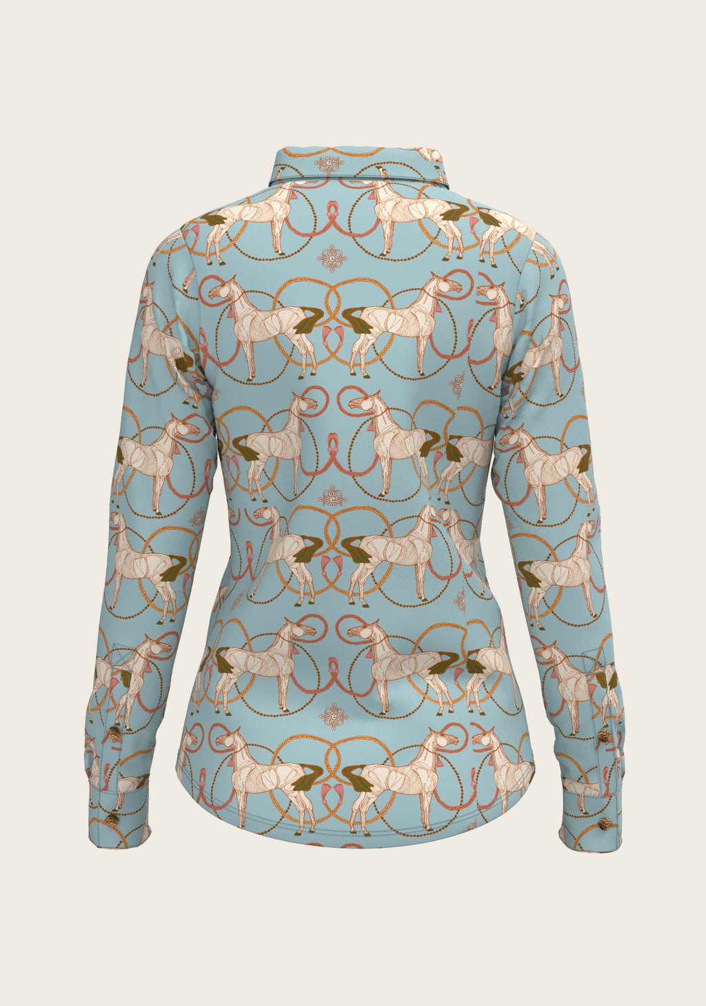 Roped Horses on Sky Blue Ladies Button Shirt