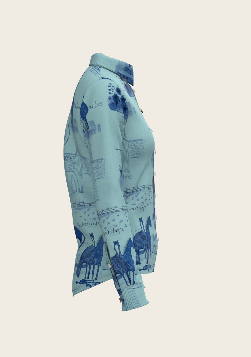 Daydreaming Horses in Blue Ladies Button Shirt
