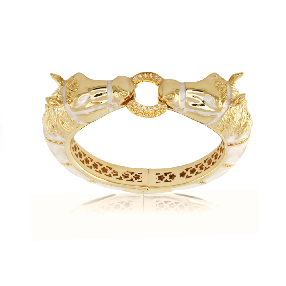 Equestrian Hinged Horse Head Bangle — 18k Gold & Beige Enamel