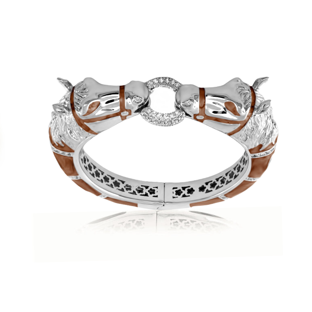 Equestrian Hinged Horse Head Bangle — Rhodium & Brown Enamel