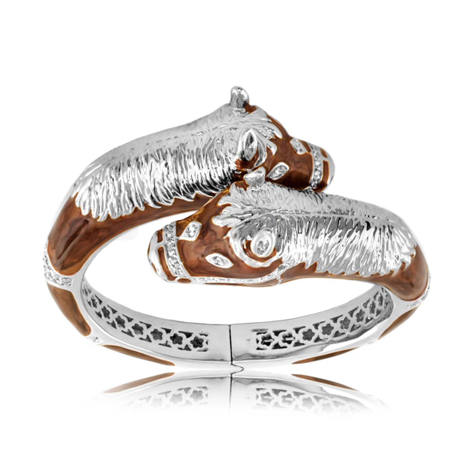 Equestrian Double Horse Head Bangle — Rhodium & Brown Enamel
