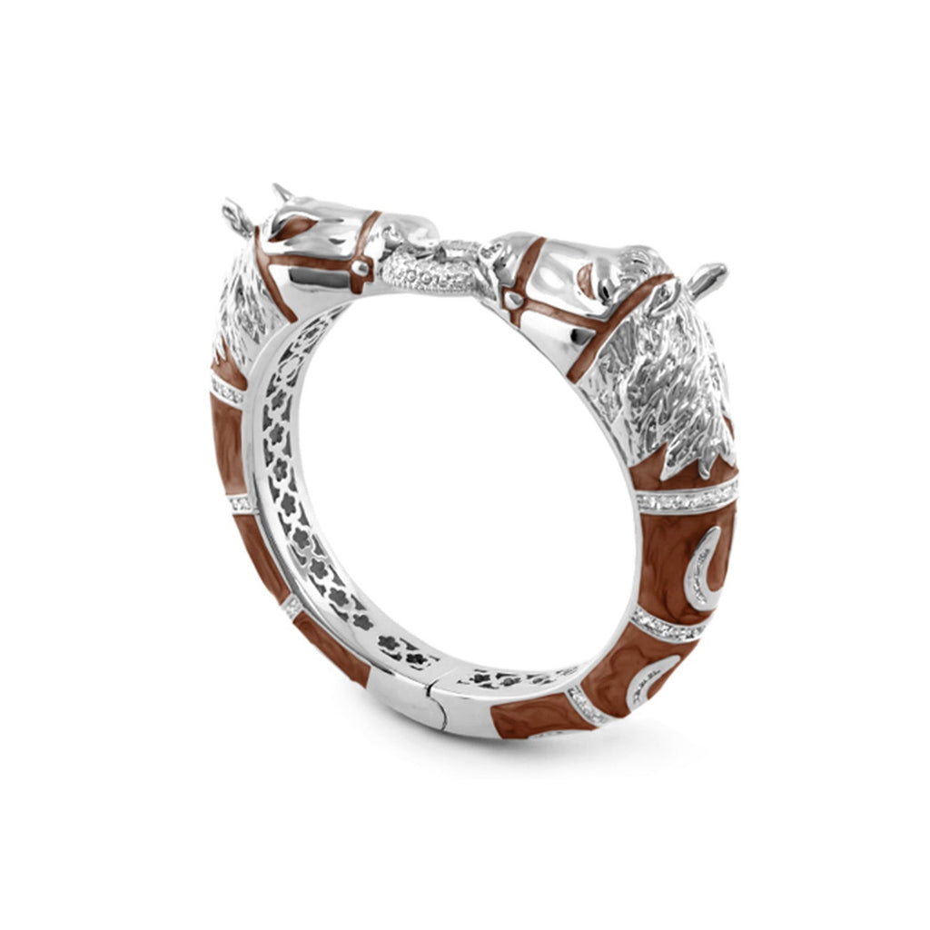 Equestrian Hinged Horse Head Bangle — Rhodium & Brown Enamel