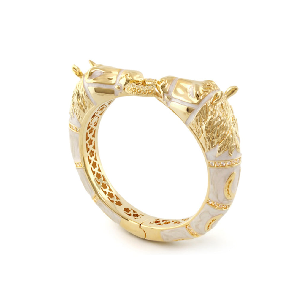Equestrian Hinged Horse Head Bangle — 18k Gold & Beige Enamel
