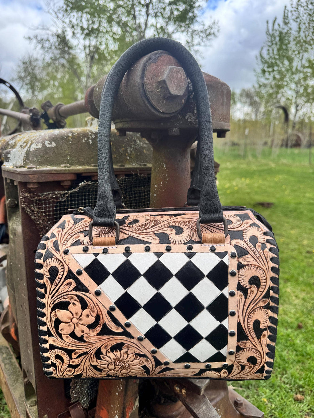 Luxe Tooled Leather Starry Night Rhinestone Stud Checkered Speedy Bag