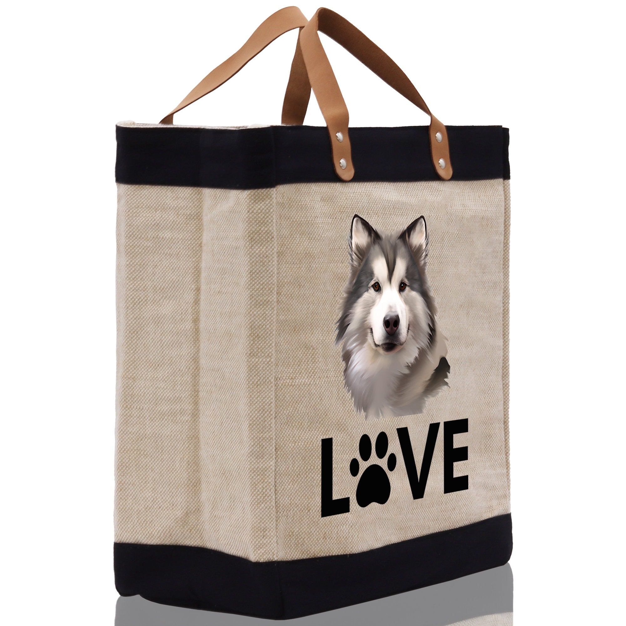 Alaskan Malamute Love Dog Jute Canvas Tote Funny Farmer Market Bag Quote Jute Bag Shopping Bag Burlap Bag Dog Owner Gift