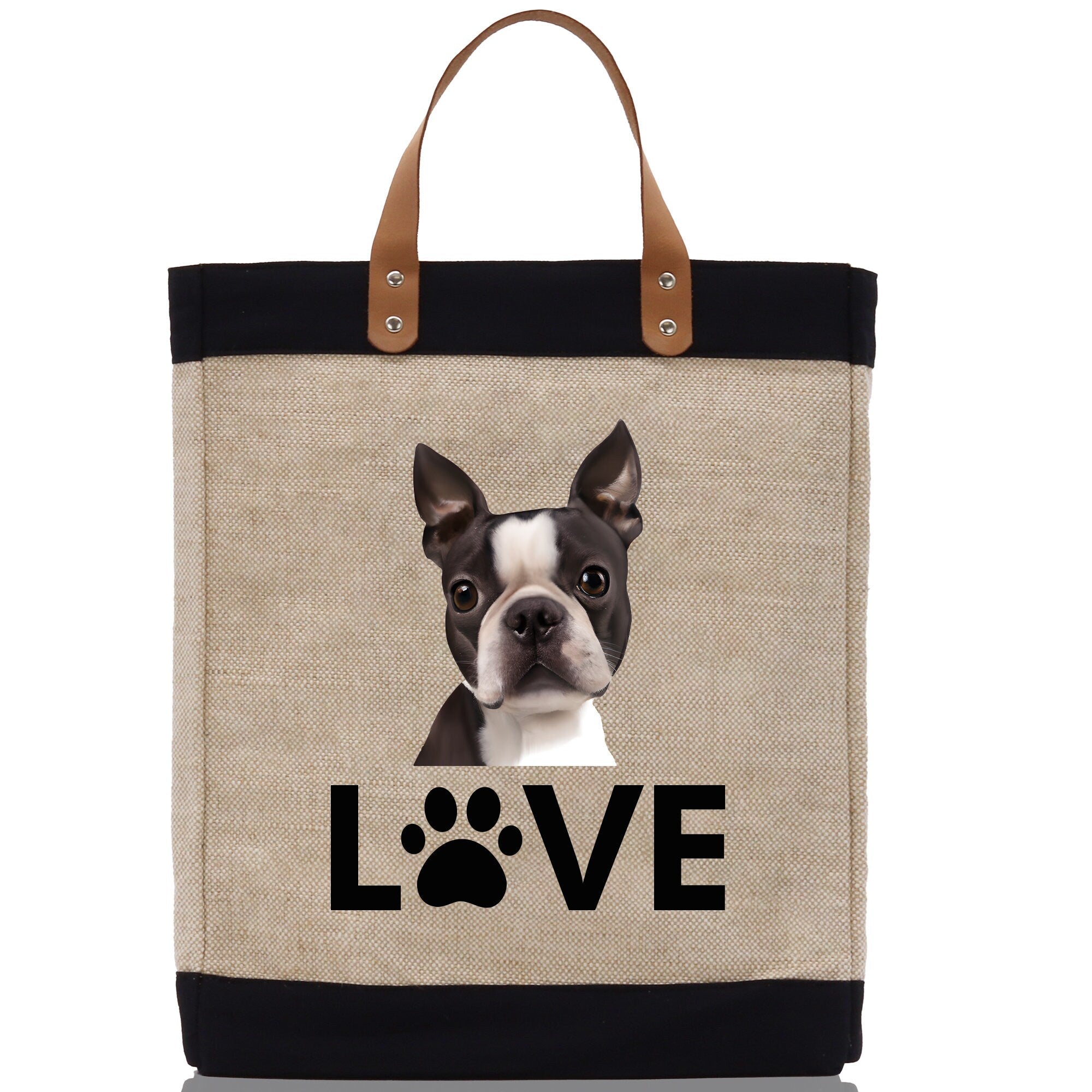 Boston Terrier Love Dog Jute Canvas Tote Funny Farmer Market Bag Quote Jute Bag Shopping Bag Burlap Bag Dog Owner Gift