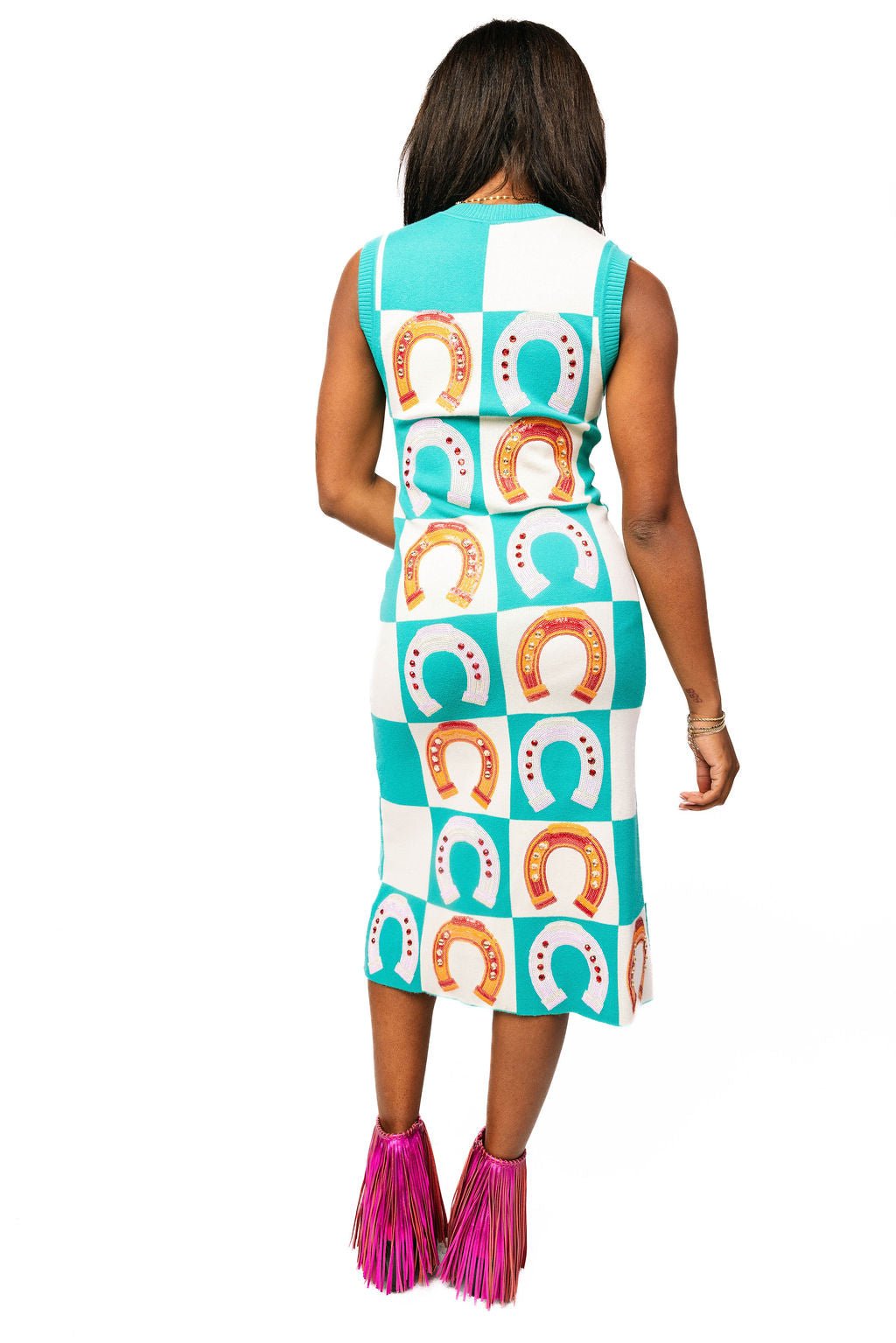 Queen of Sparkles Teal Checkered Horse Shoe Knit Maxi Dress